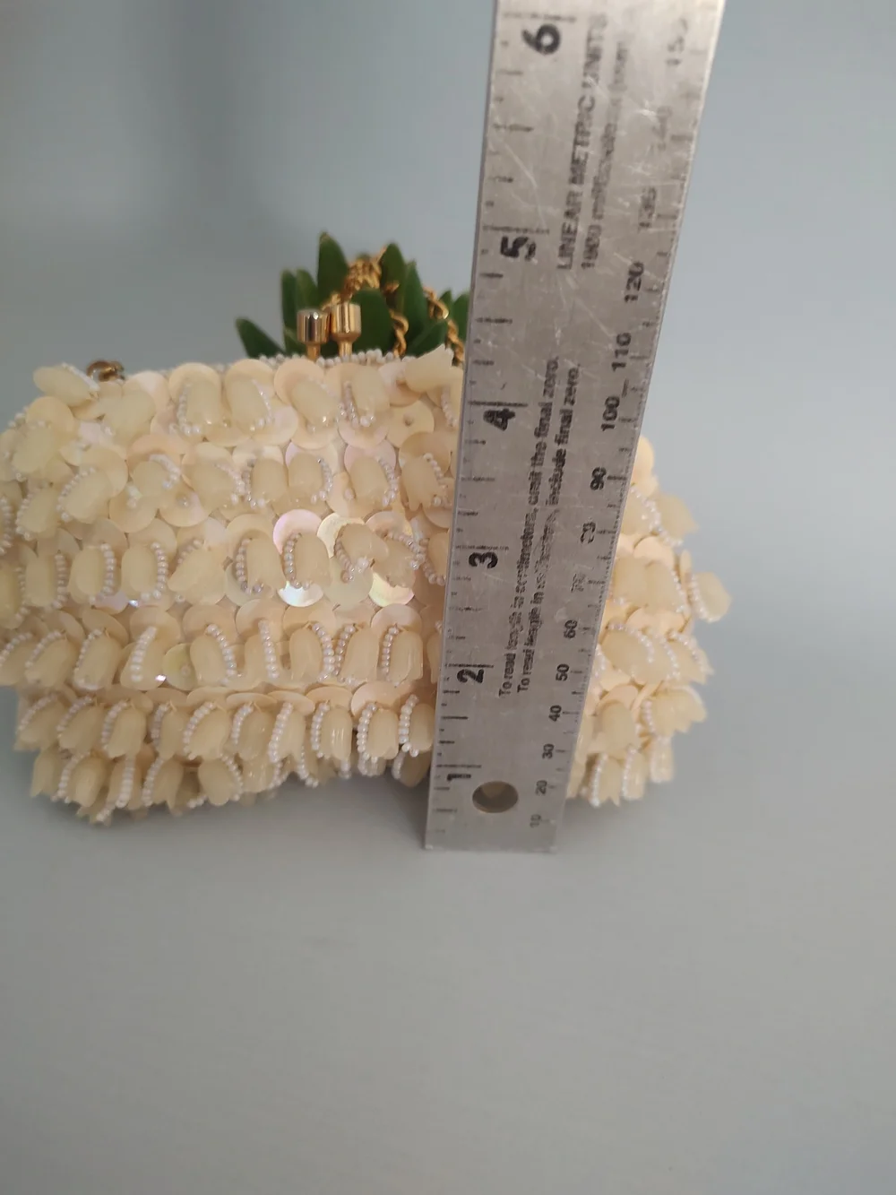 Elegant Cream Sequin Evening Clutch with Gold Chain